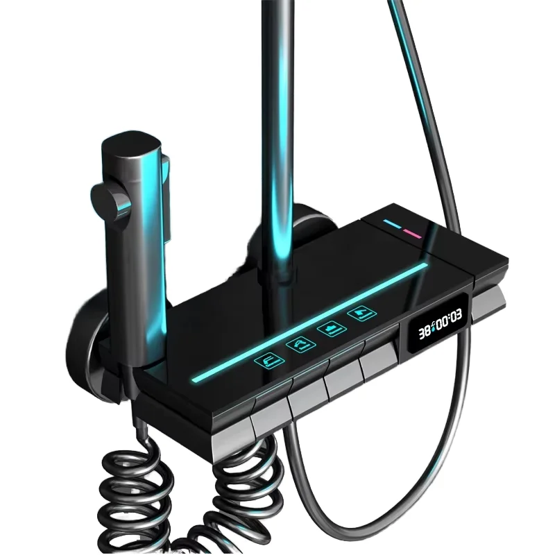 Brass Wall Mounted Shower Digital Atmosphere Light Piano Digital Display Bathroom LED Shower Faucet Piano Shower Mixer Set