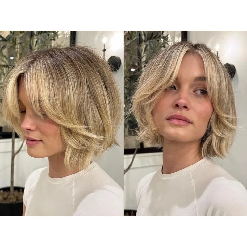 Short Bob Layered Ash Brown with Bleach Blonde Lace Front 100% Human Hair Wigs