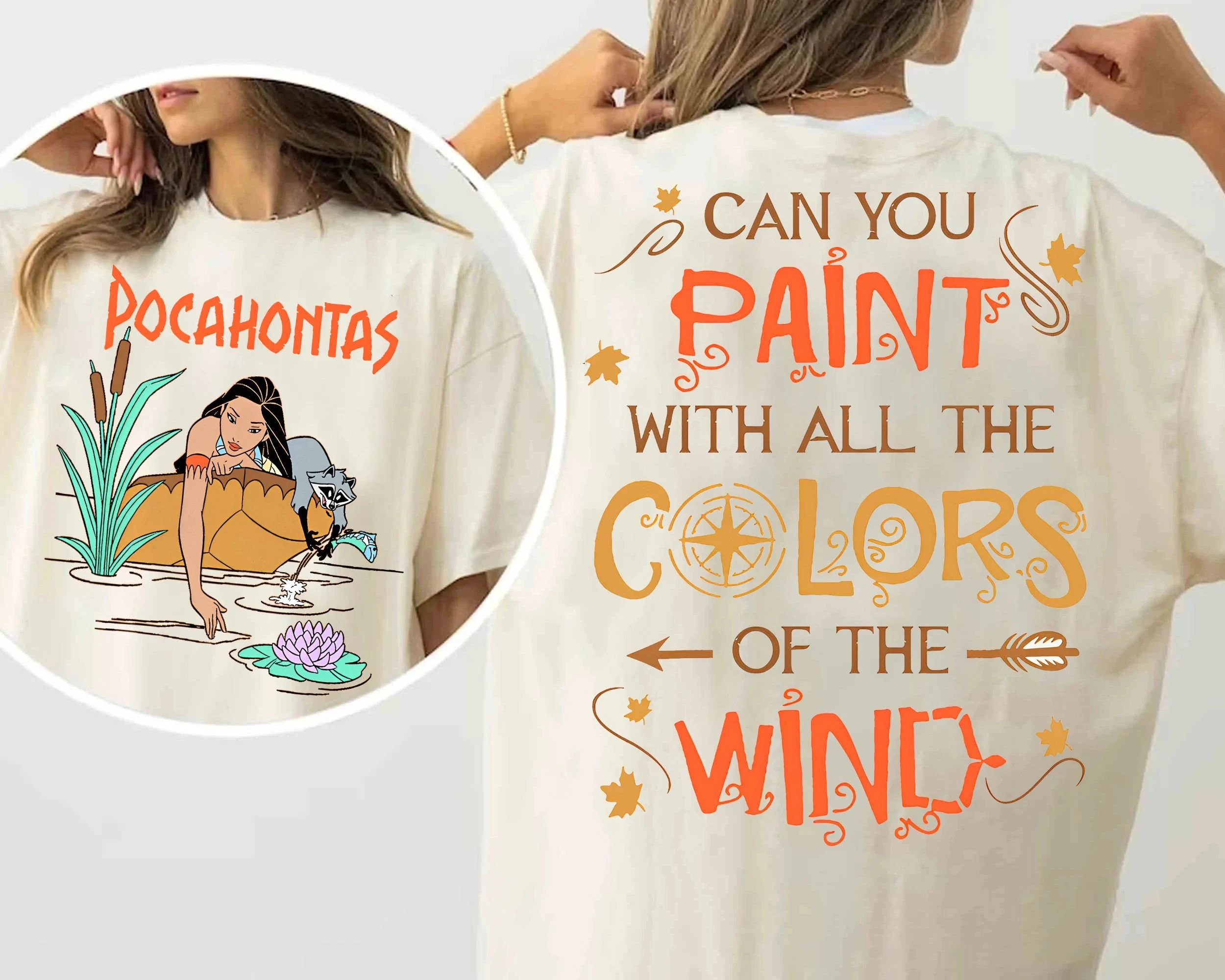 الرجعية 2-الجانبين ديزني الأميرة قميص بوكاهونتاس Meeko الراكون تي شيرت بعد الظهر الحلم ألوان الرياح المحملة