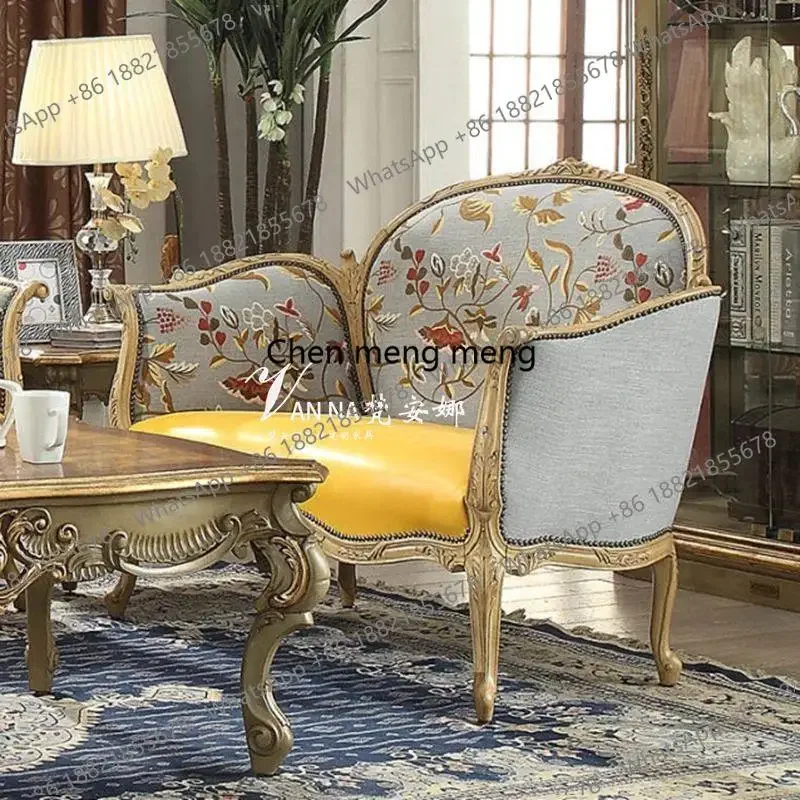 Discount French retro pink green solid wood carving flower sofa imported fabric leisure chair villa living room single sofa