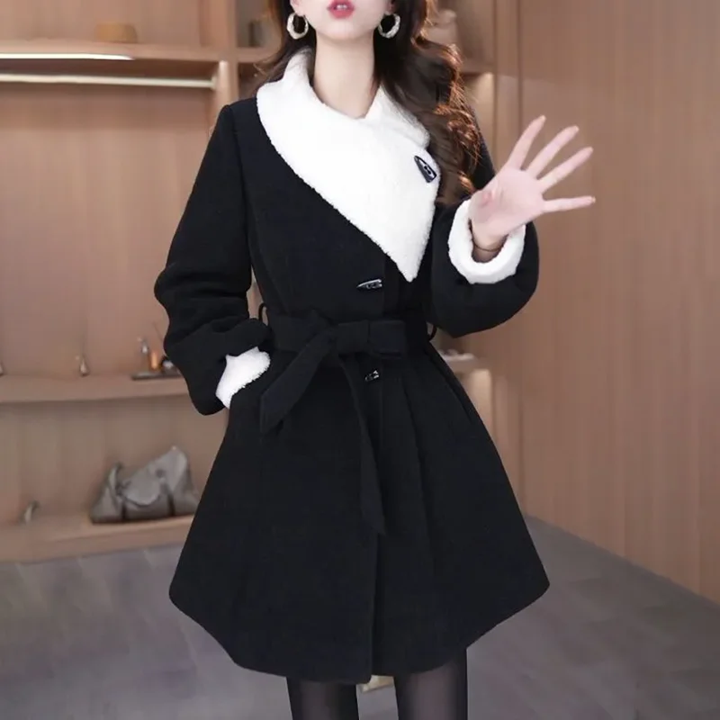 

Contrast Color Chic Casual Woolen Jacket Women's Overcoat 2026 Autumn Winter New Slim Stitching Medium Long Wool Trenchcoat