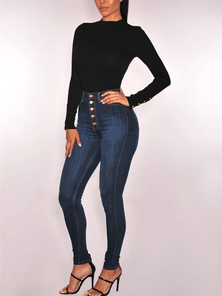 Kobiety Wysoka talia Rozciągliwe Skinny Jeans Lady Vintage Button Slim Pencil Długie spodnie Casualowe wąskie proste nogawki Wrap Hips Spodnie