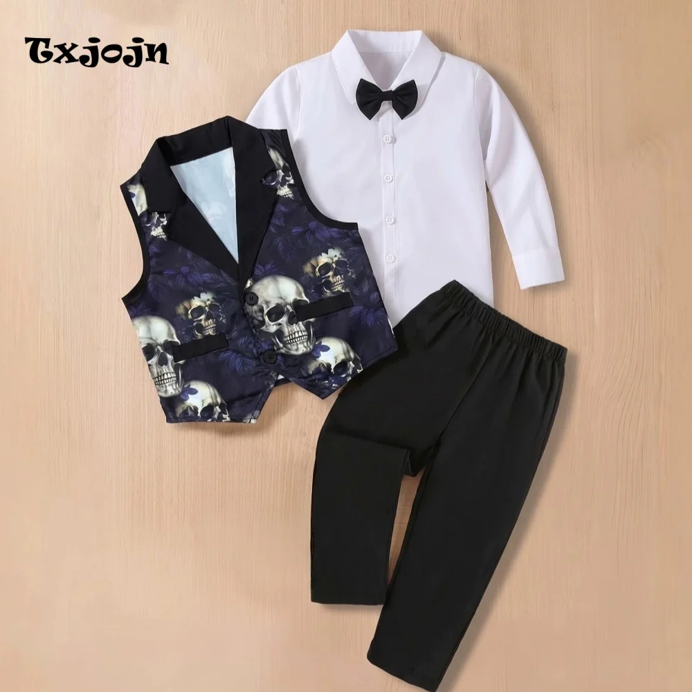 Boy's Formal Suit Set for Halloween Children's 3 Piece Set Printed Clothes Bow Long-Sleeve Top Pants Vest Kids Party Outfit