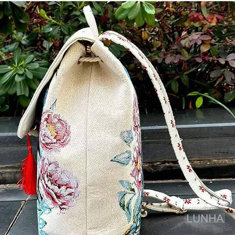 Bestickter Canvas-Rucksack für Damen, niedliches Tier-Blumenmuster, leichter Reise-Freizeitrucksack, kleiner Tagesrucksack