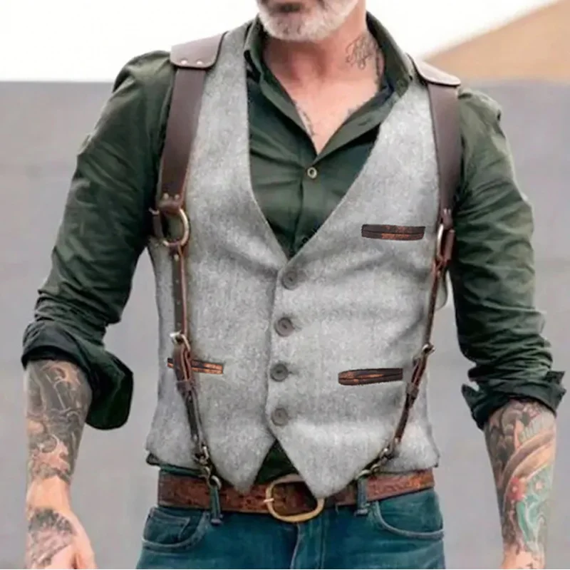 สินค้าในสต็อก New Yama Men's Fashion Retro Trend Vest JacketVCollar เสื้อกั๊กอินเทรนด์