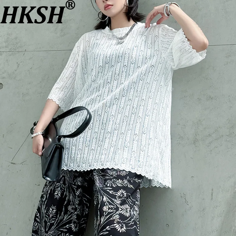 

Женская футболка HKSH с французским кружевом и вязаным узором, с круглым вырезом, короткими рукавами, облегающая, универсальная, модная, элегантная, повседневная, новая летняя коллекция HK20796