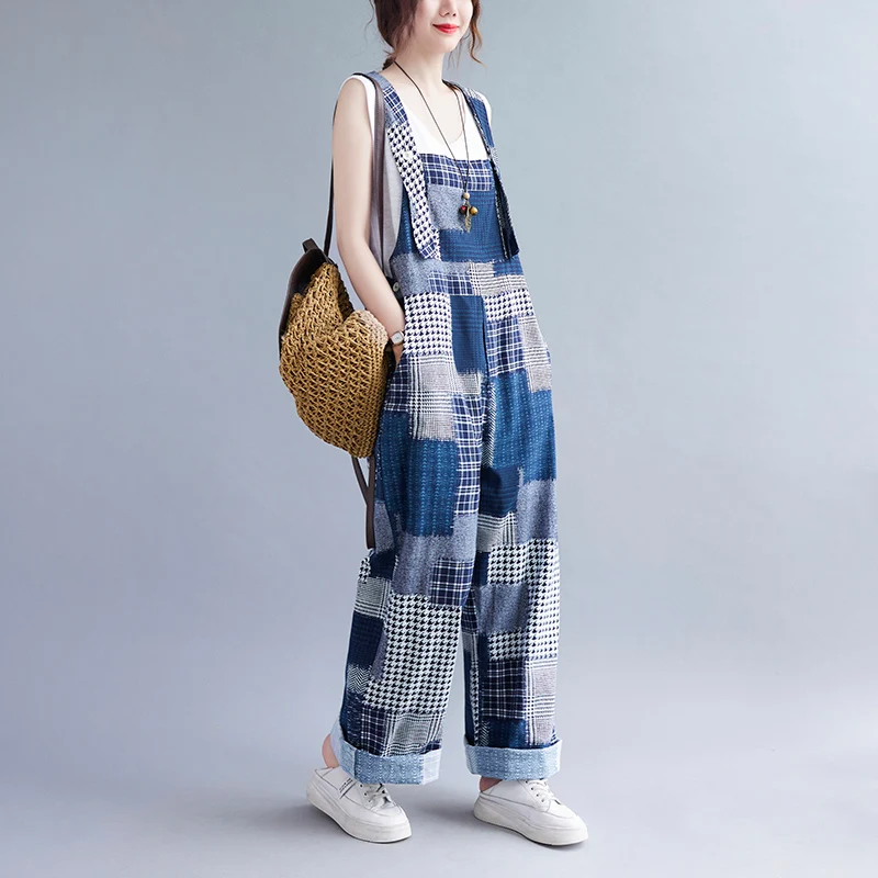 Celana Panjang Wanita Ukuran Besar Model Patchwork Kotak-kotak Kasual dari Katun Linen dengan Potongan Lebar dan Desain Menutupi Pinggul