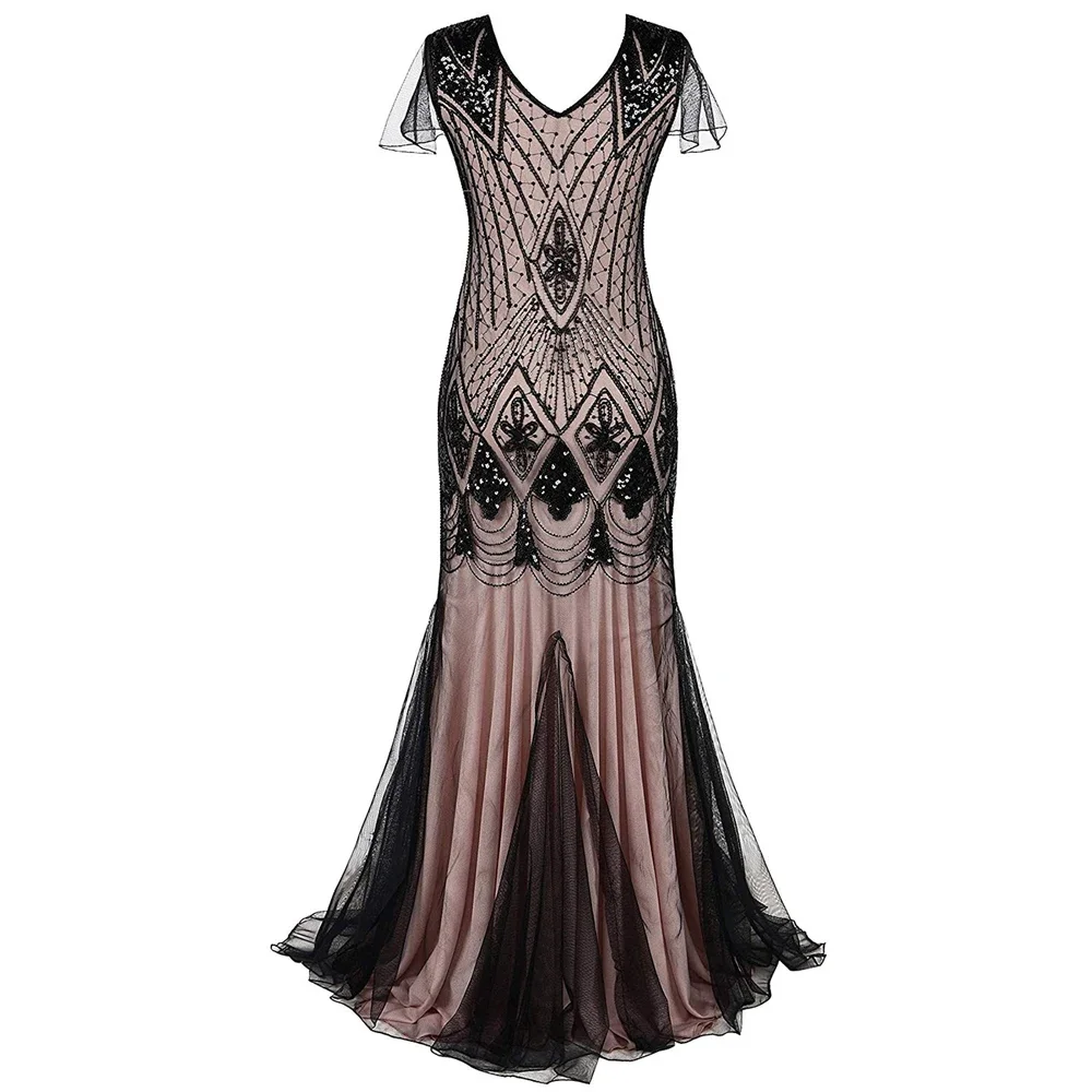 Women 1920s Great Gatsby Dress Long 20s Flapper Dress Vintage V Neck Sequins Beads Maxi Party Dress Mesh Prom Gown Elegant Dress