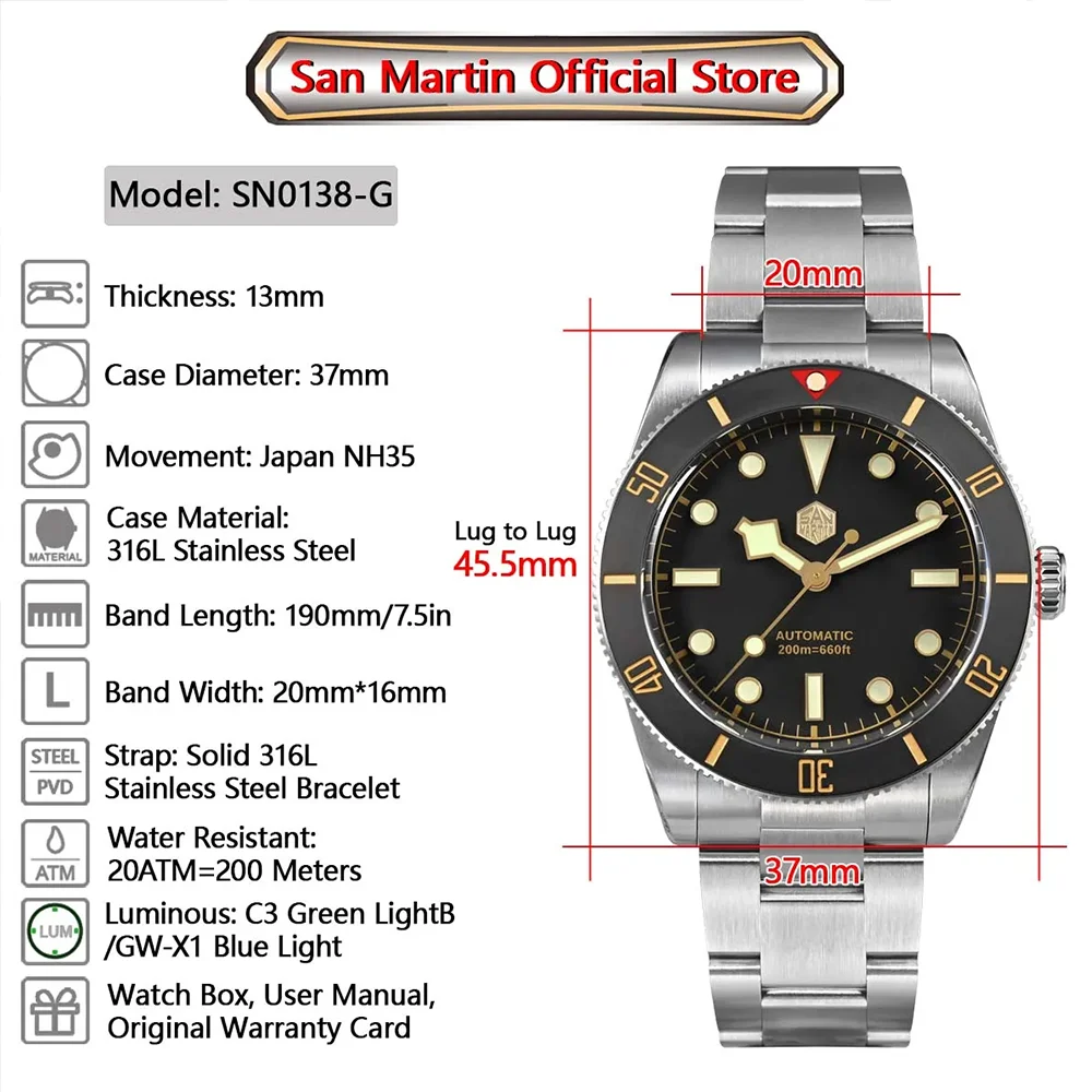 Saint Martin Original 37mm BB54 Vintage Diver Automatic Men Watch NH35 Mechanical Wristwatches Sapphire Luminous 200m Waterproof