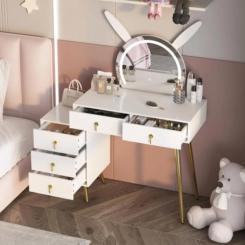 

Vanity Desk with Mirror and Lights,Makeup Table with 5 Drawers and Led Lighted Mirror in 3 Colors for Bedroom,Dressing Table