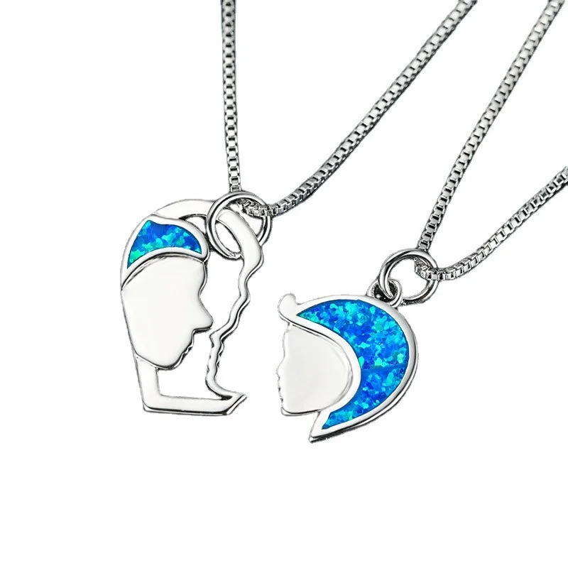 Fashion Silver Charming Avatar Jigsaw Pendant set Blue/White Fire Imitation Opal Necklace Bride Wedding Charm  Jewelry