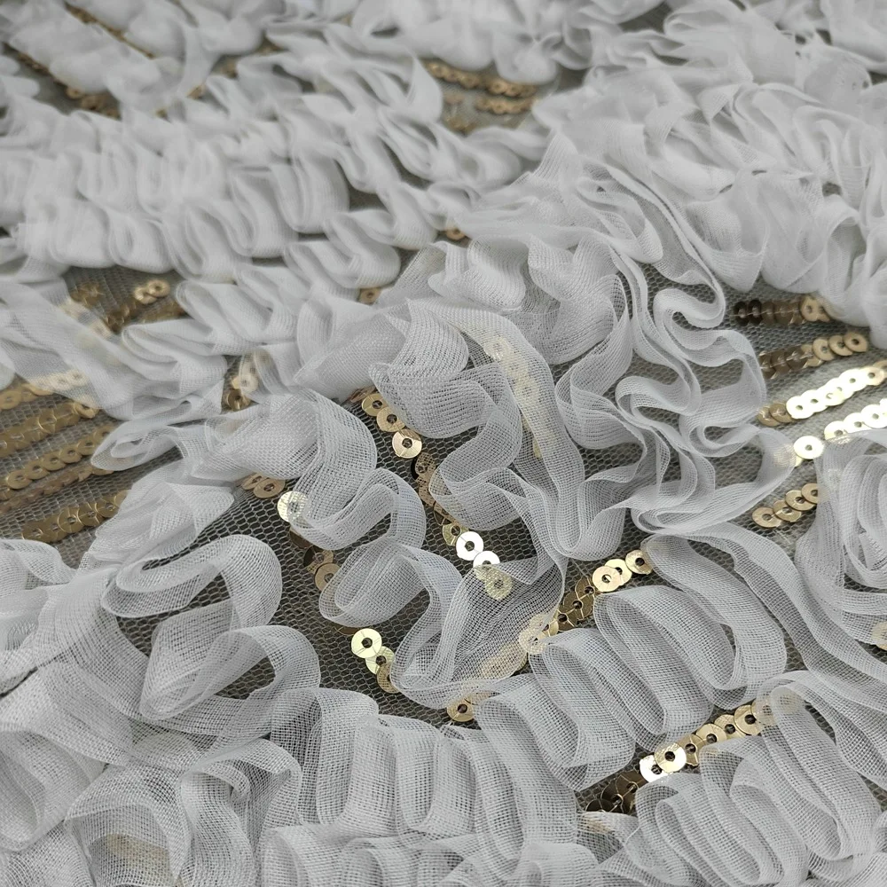 

High-end chiffon braided 3D floral golden sequin mesh fabric for designer skirts and wedding dress design sold by the meter