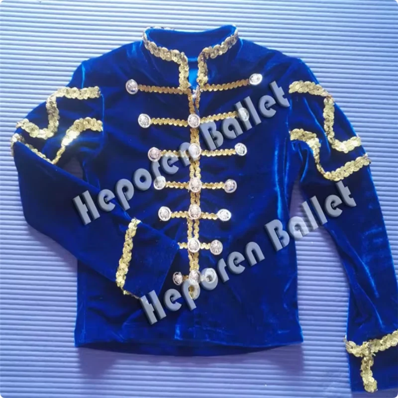 Túnica de Ballet Azul de Terciopelo para Niño con Adorno de Trenza Dorada, Chaqueta de Ballet de Soldado Cascanueces para Niño, Venta al por Mayor y al Detal