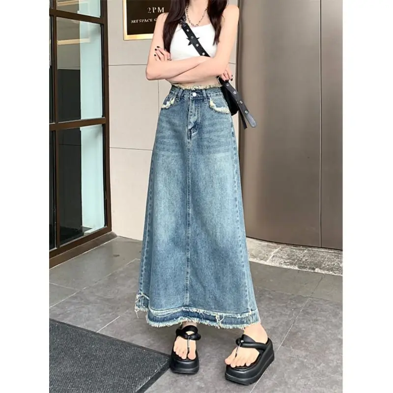 

American Retro High Waist Denim Skirt Women's Mid-Length Spring Autumn New Style A-Line Bodycon Skirt with Frayed Hem