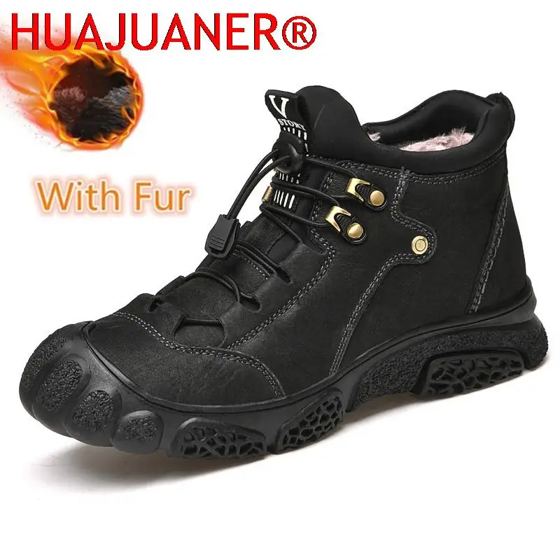 

Genuine Leather Mens Boots Luxury Outdoor Shoes Warm Winter Boots for Men Plush Snow Boots Casual Shoes Top Quality Hiking Shoes