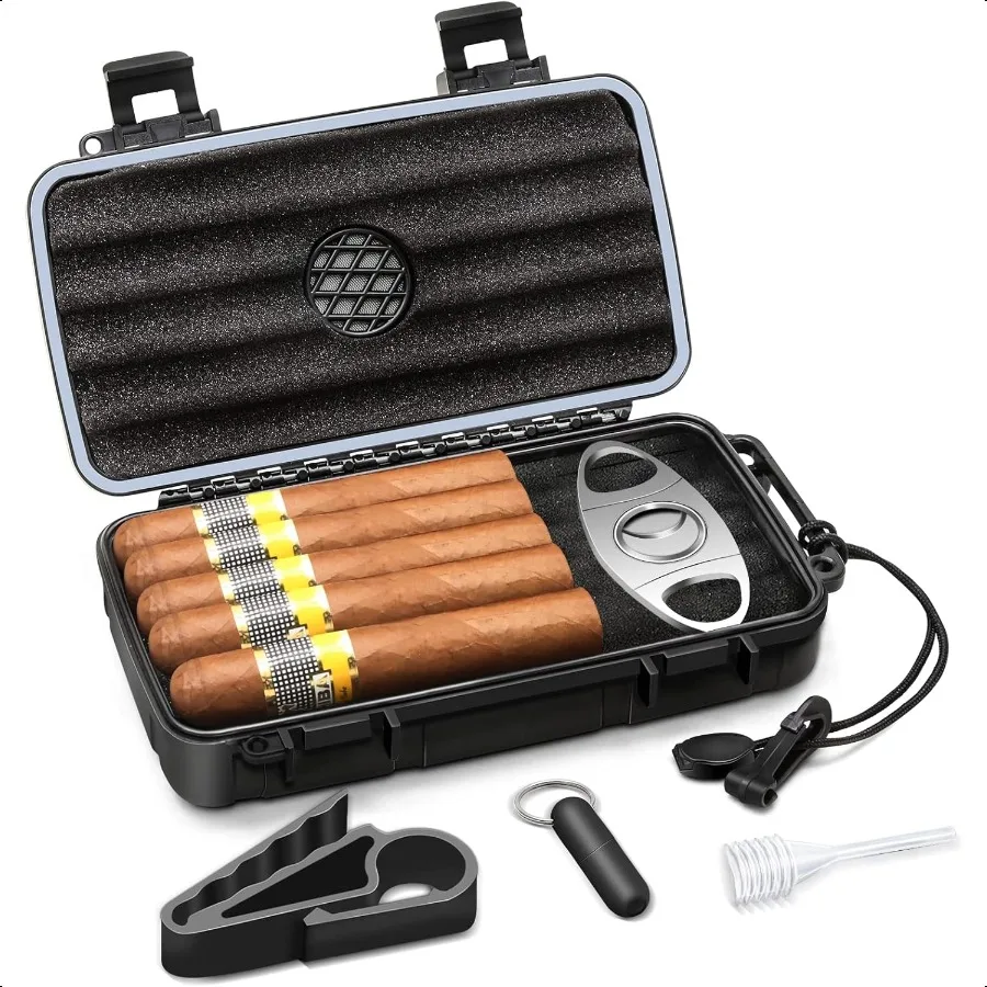 

Flau Travel Cigar Humidor Case Portable Cigar Box kit with Humidifier Disc Cigar Cutter Cigar Punch Cigar Holder Dropper Waterp