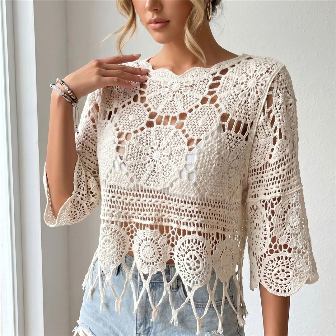 Halbarm-Tunika mit Ausschnitten, einfarbig, gehäkelt, gestrickt, Strand-Überwurf, Strandkleid, Strandmode, Damen V8401 – Detail 4