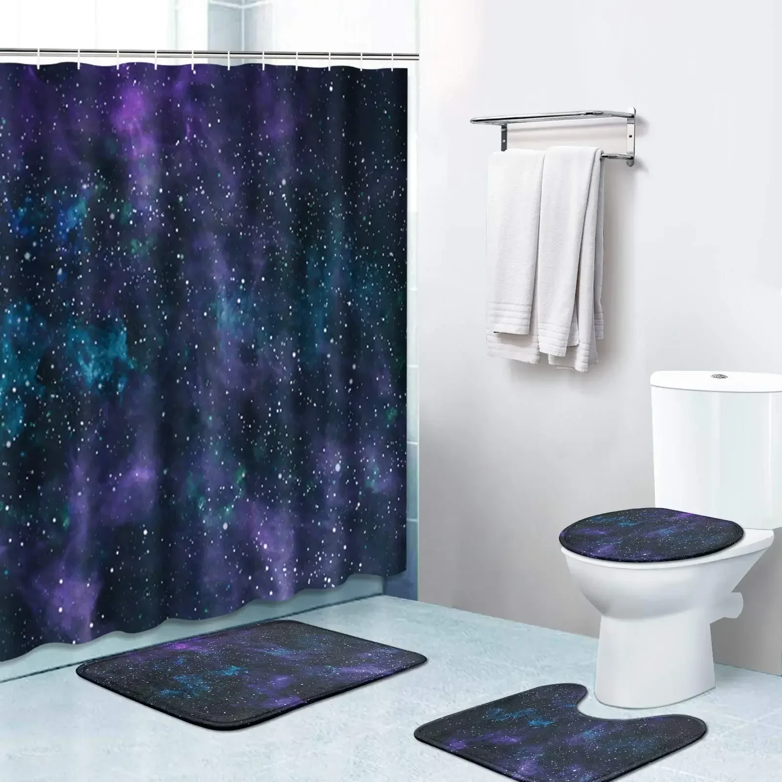 Purple Galaxy Shower Curtain Set Non-Slip Rug Toilet Lid Cover Bath Mat Starry Space   Nebula Universe Bathroom