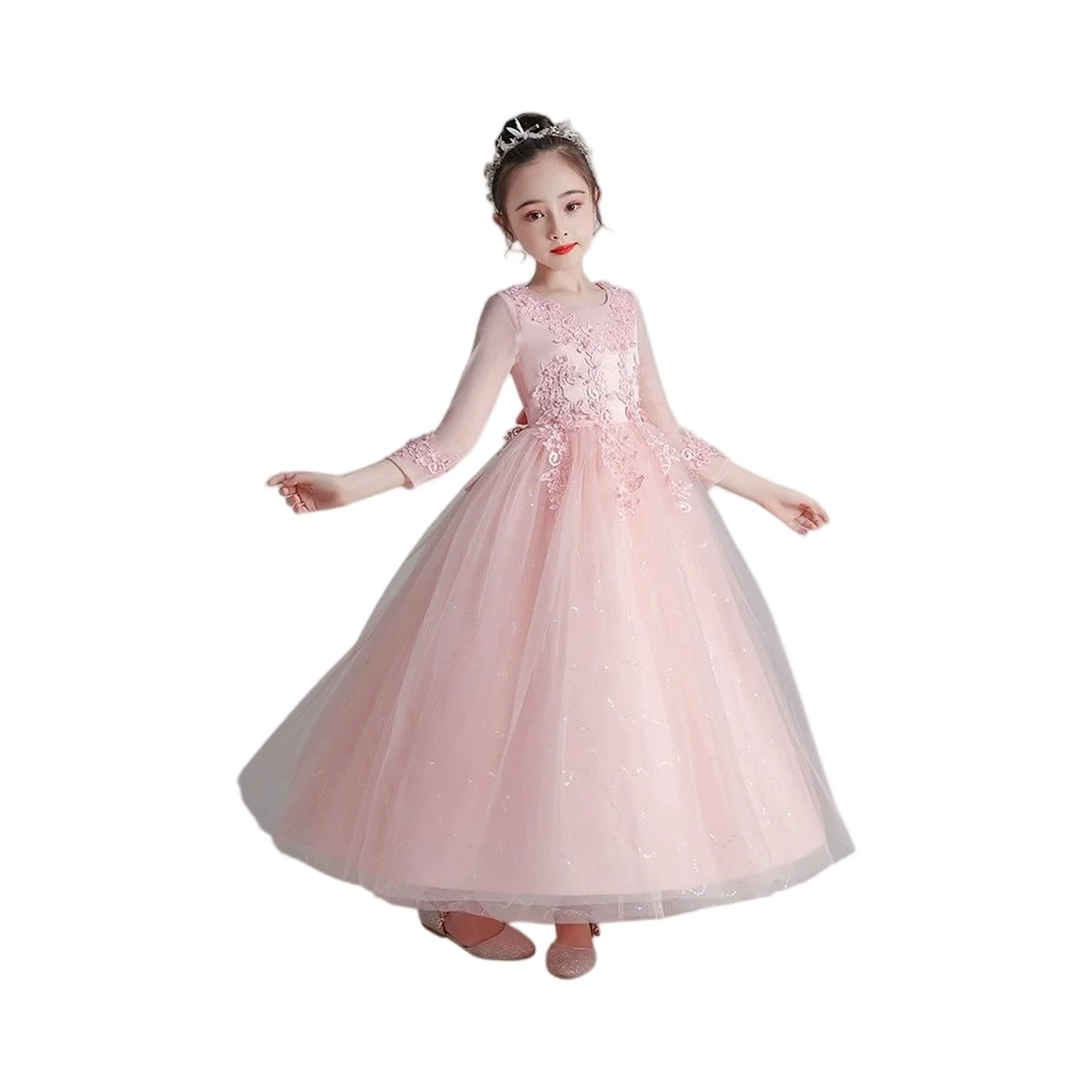 

Kids Elegant Princess Dress Girls' Pengpeng Yarn Spring/Summer New Long Sleeve Fashionable Children's Tulle Performance Dresses
