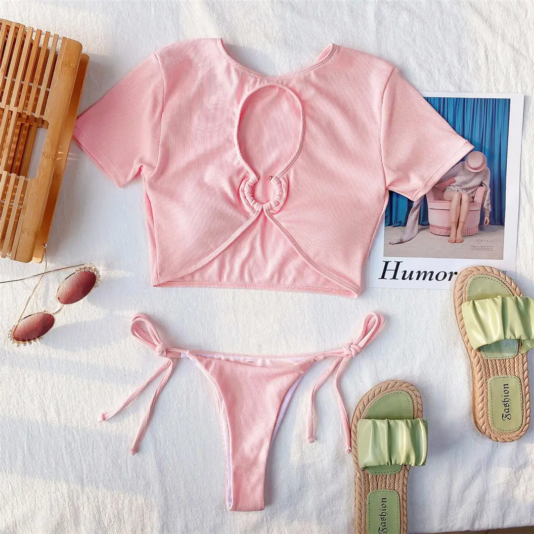 Sexy gerippter Bikini mit hohem Halsausschnitt und kurzen Ärmeln, Damen-Badeanzug, zweiteiliges Bikini-Set, Badebekleidung, Badeanzug, Schwimmanzug V3036 – Detail 7