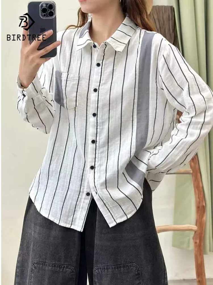 

New 2026 Spring Cotton Yarn Long Sleeve Shirt, Women Turn-down Collar Striped, Mori Girl Retro Commute Loose Blouse T5D624CC