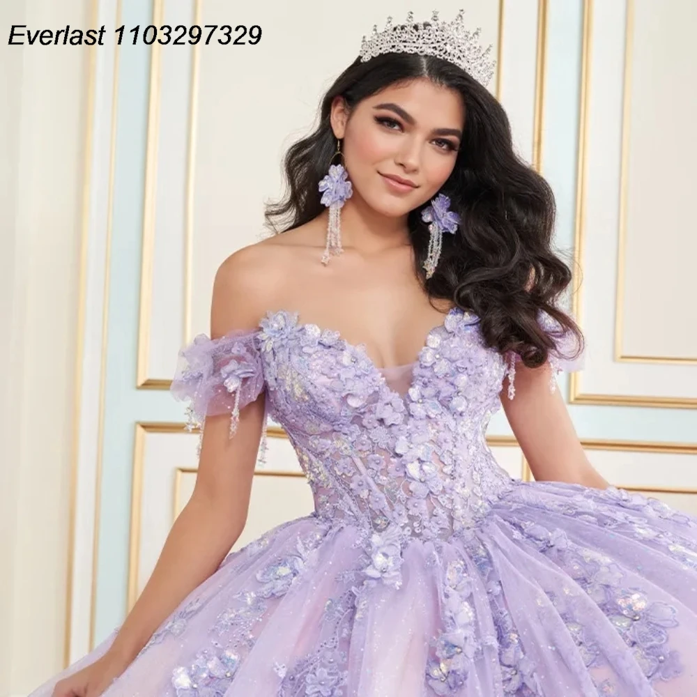 EVLAST Customized Lavender Quinceanera Dress Ball Gown Lace Applique Beading Mexico Cape Sweet 16 Vestidos De 15 Anos TQD844