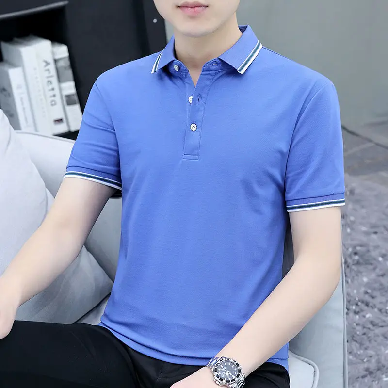 

Men's Short Sleeve T-shirt Polo Clothes Casual Lapel Summer Solid Color Fashionable Button Stripe Slim Business Tops