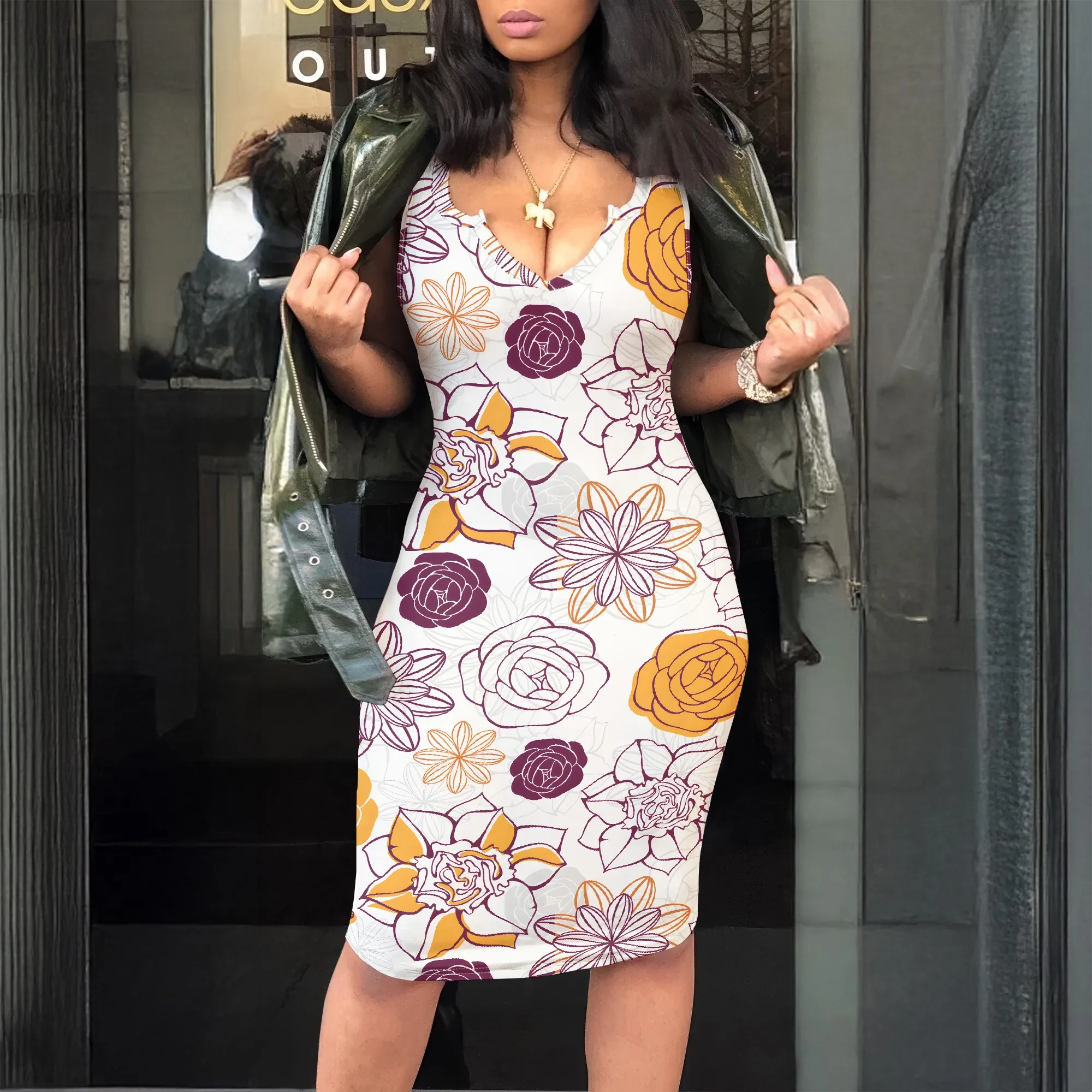 

Floral V-Neck Bodycon Dress, Retro Print Tank Dress, Summer Casual Midi Dress, Vacation Beach Party Wear, S-2XL