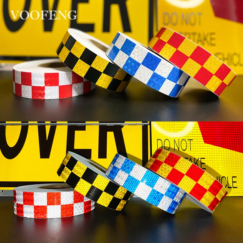 VOOFENG High Visibility Reflective Car Sticker Warning Tape for Bicycle Truck Car Decals PVC Checkered Print 5cmX25m/50m RS-6490