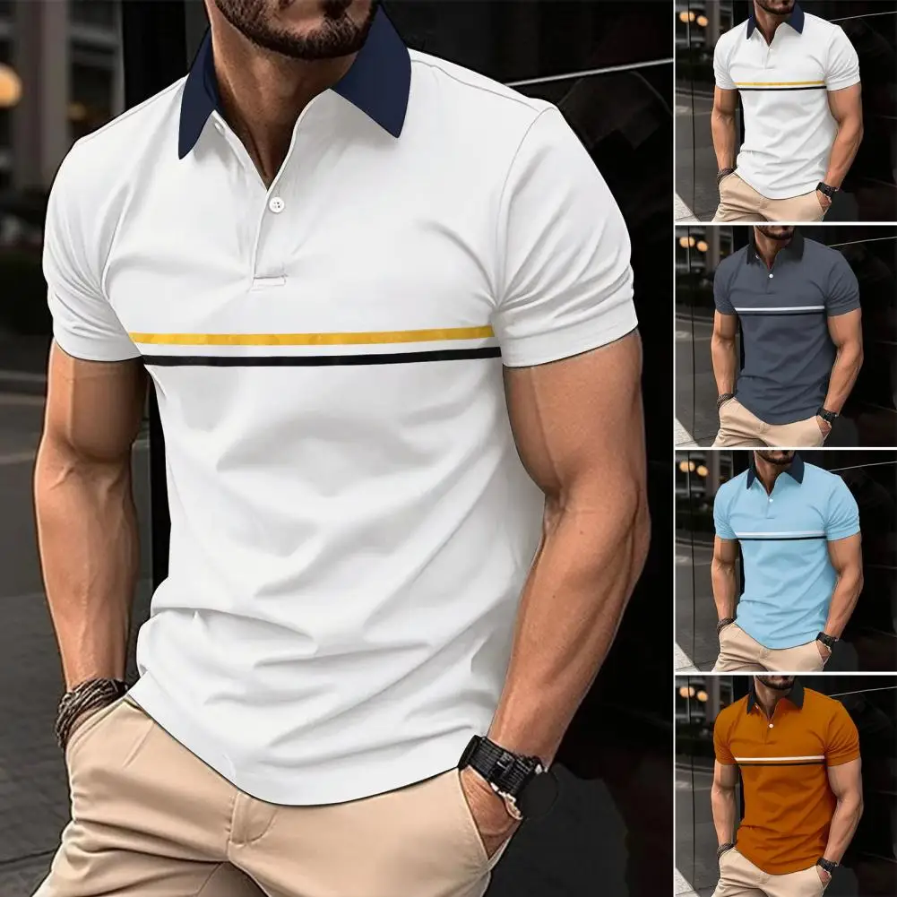 Breathable Men Top Striped Print Slim Fit Men's T-shirt with Turn-down Collar Button Detail Soft Breathable Top for Summer Men