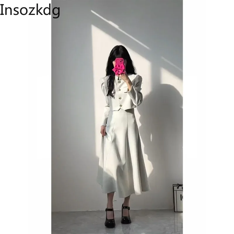 Insozkdg Rok Pak Effen Hepburn Stijl Losse Casual Chic Blazers Tops A-lijn Geplooide Lange Rokken Koreaanse Stijl Tweedelige Sets