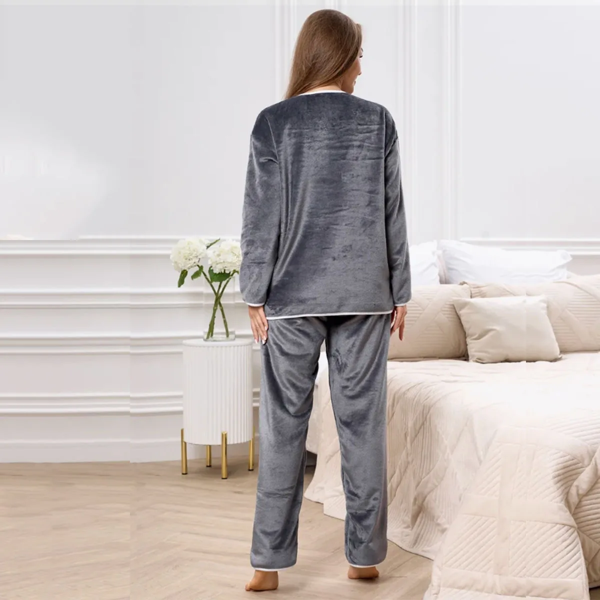 Women Flannel Pajama Set Polyester Contrast Piping Lapel Sleepwear Set Autumn Winter Warm Long Sleeve Pants Loungewear