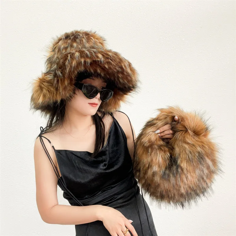 Fashion Party Panama Fur Bucket Hat For Lady Supper Fluffy And Big Furry Fur Cap Luxury Fisherman Hat With Fur Handbag Sets