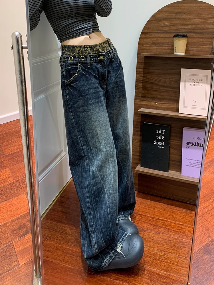 

Новые женские джинсы в американском стиле: свободный крой, двойная талия, прямые широкие штанины, длинные брюки в стиле ретро