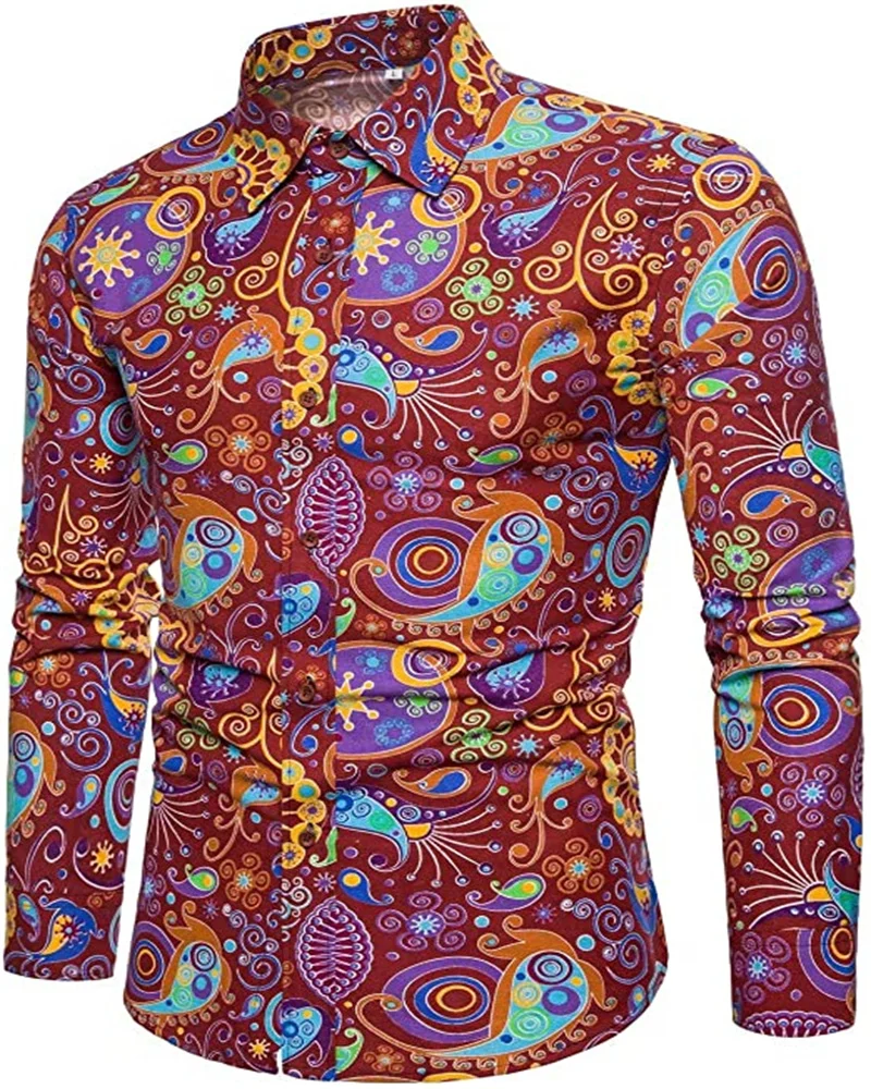 Floral Vintage manga comprida botão lapela botão Cardigan camisas masculinas, moda Casual 70s Discoteca camisas