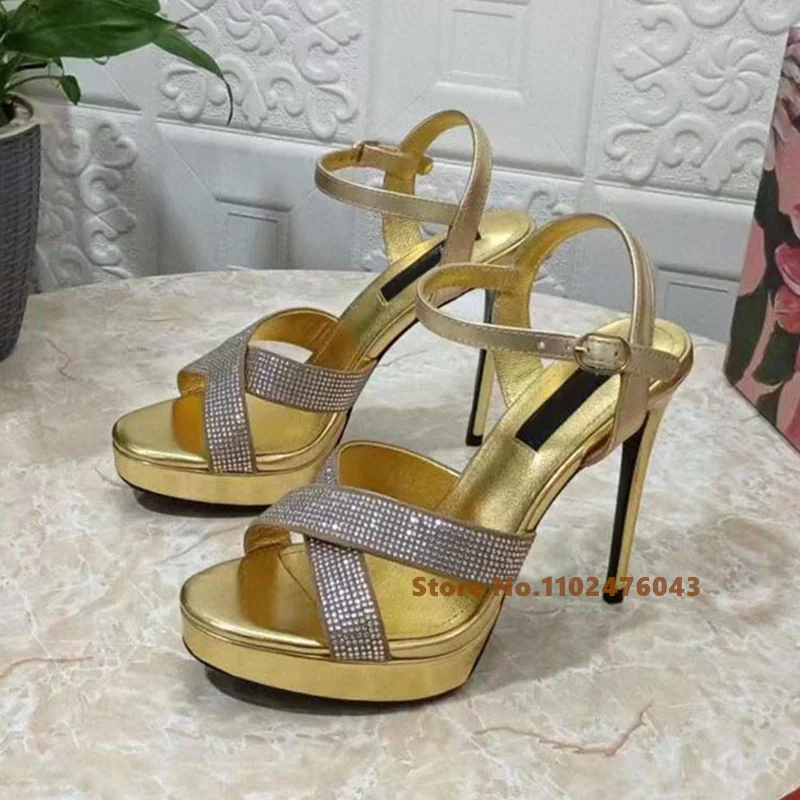 Summer New Gold Rhinestone Round Toe Platform Sandals Women Thin high Heel Buckle Strap Fashion Sexy Nighclub Shoes