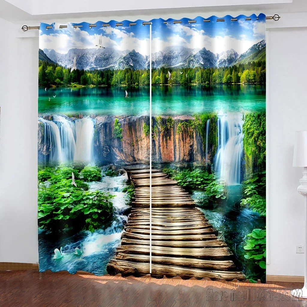 Sea Landscape Blackout Curtain Cave Waterfall  Window Curtain 3D Print Living Room Bedroom Balcony Decor Cartoon Kids Gift