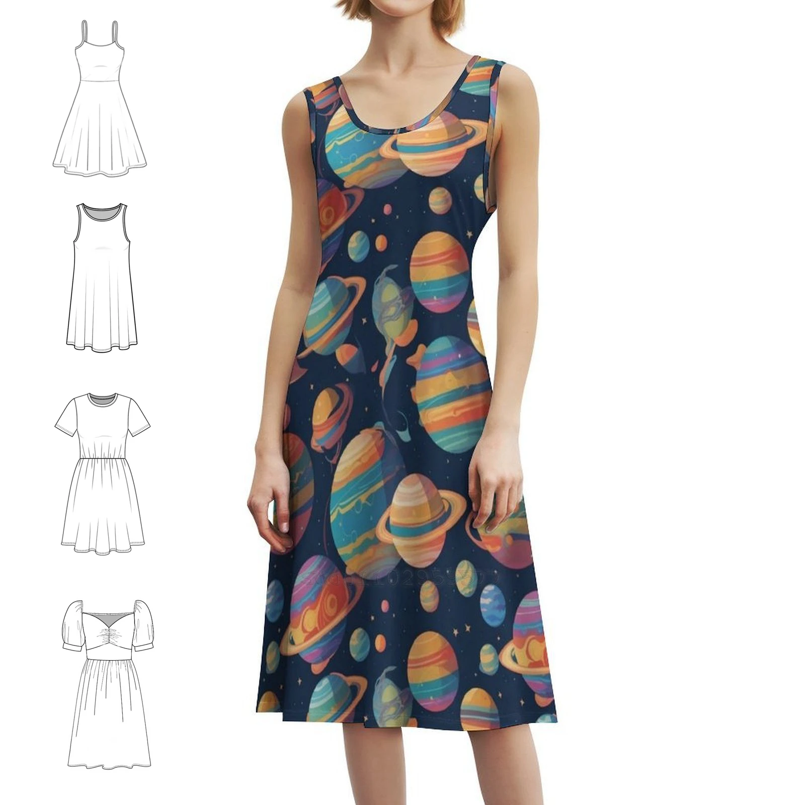 فستان حفلات أنيق للنساء من Planets فستان على شكل حرف a مع خيارات قصيرة/طويلة/بدون أكمام للنظام الشمسي والشمس والأرض والقمر أنثى #1