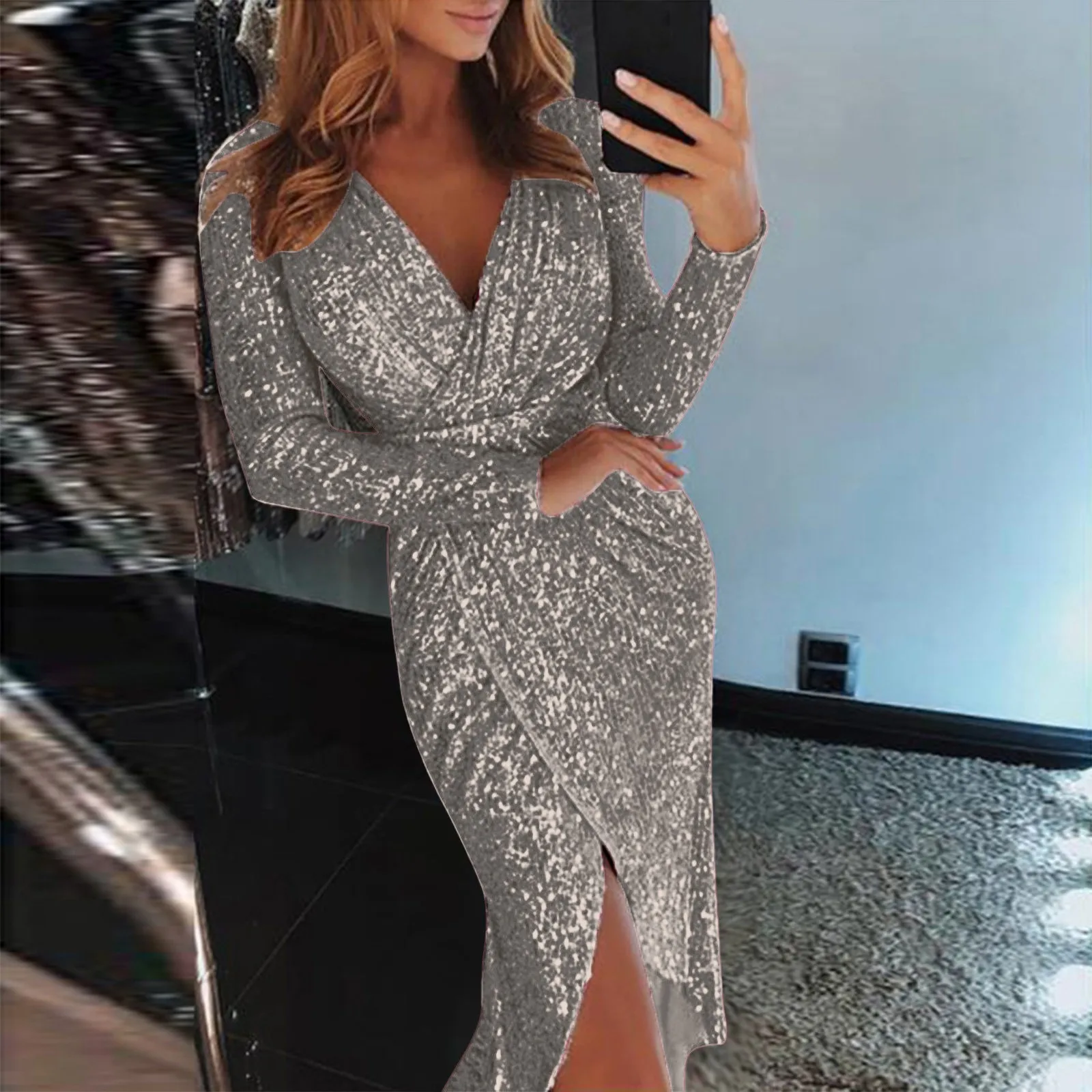 Evening Party Long Dresses For Women Sexy Deep V Sequins Wrap Ruched Long Sleeve Formal Dress Nightclub Clothing For Ladies