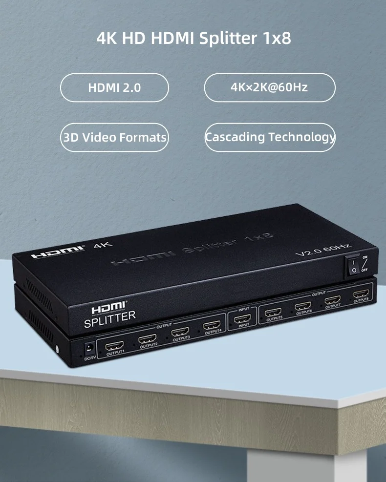DT-7218W Multiple Mirror Screen 4K 60Hz 8 Port 1 in 8 Out HD HDMI Video Splitter 1x8