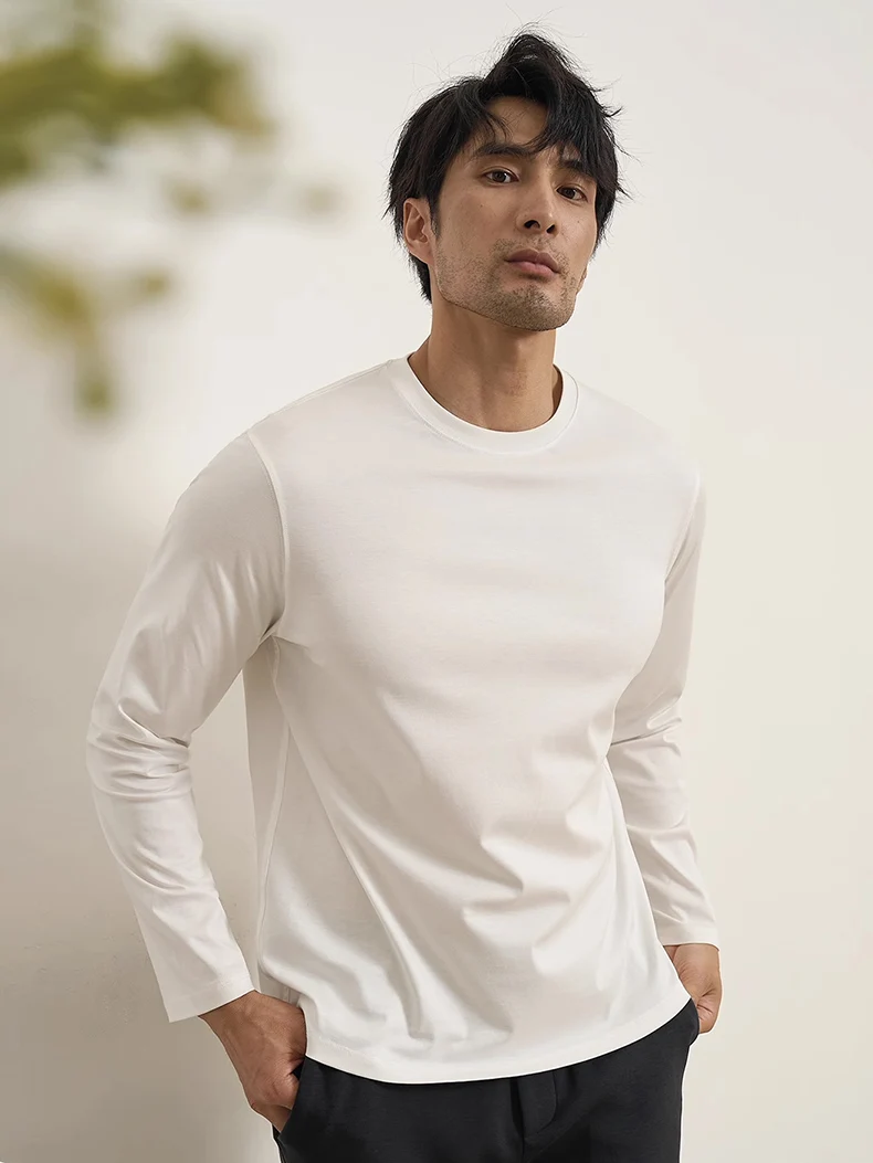 SuyaDream, Mens Solid Tee, Cotton Silk Blend, O neck, Long Sleeved Cozy T Shirts