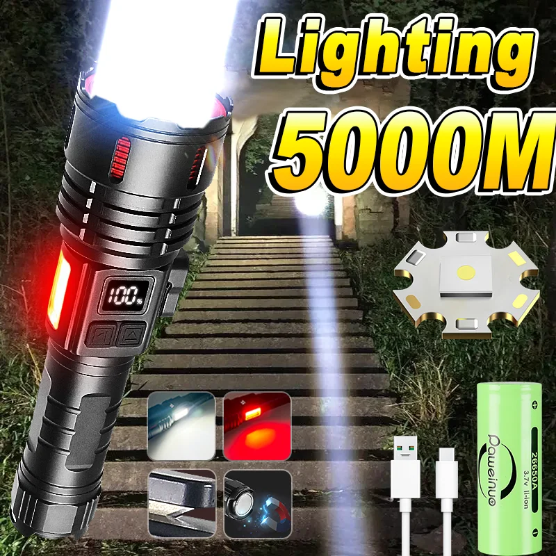 

5000M Super Bright Flashlights Powerful LED Flashlight Rechargeable Tactical Torch Light Camping Fishing Lantern 26550 Handlamp
