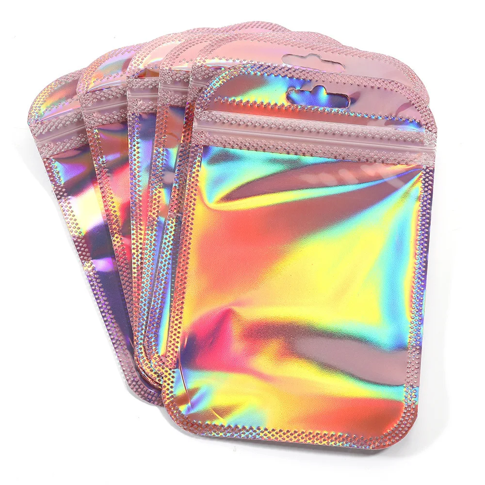 50pcs/lot Pink Laser Ziplock Bags Plastic Transparent Bags Sealing for Jewelry Packaging Cosmetic Retail Display Bags