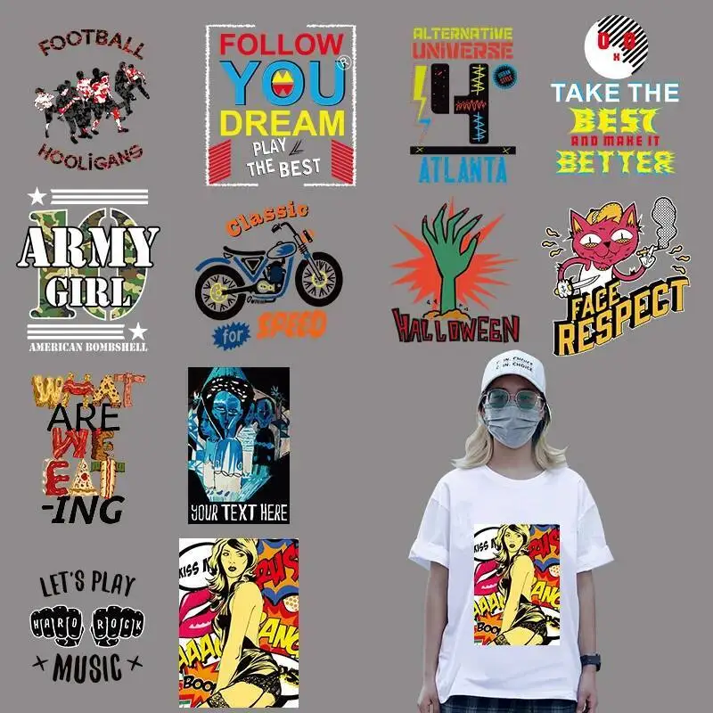 Hip Hop Style Pop Print DIY Loose T-Shirt Sweater Iron On Sticker Washable Vinyl Heat Transfer Letter Graphic Printing