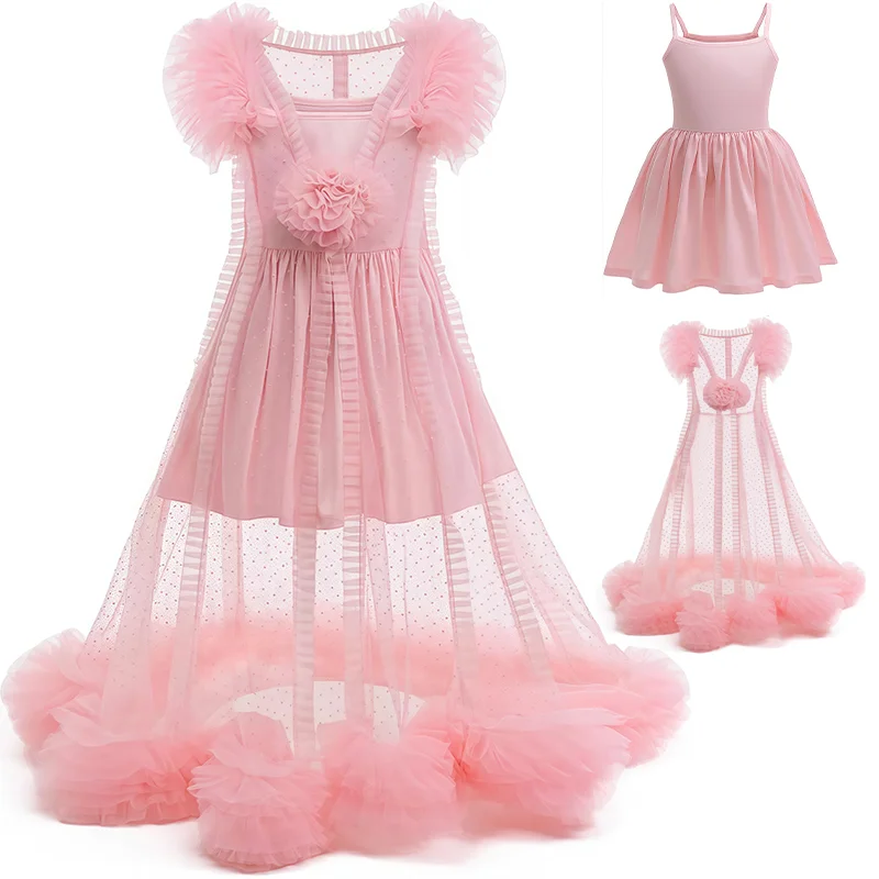 Disfraz de bruja rosa para niñas, conjunto de pijamas de dos piezas, vestido de malla bouffant con camisetas interiores para niños, trajes para fiesta de cumpleaños y Halloween