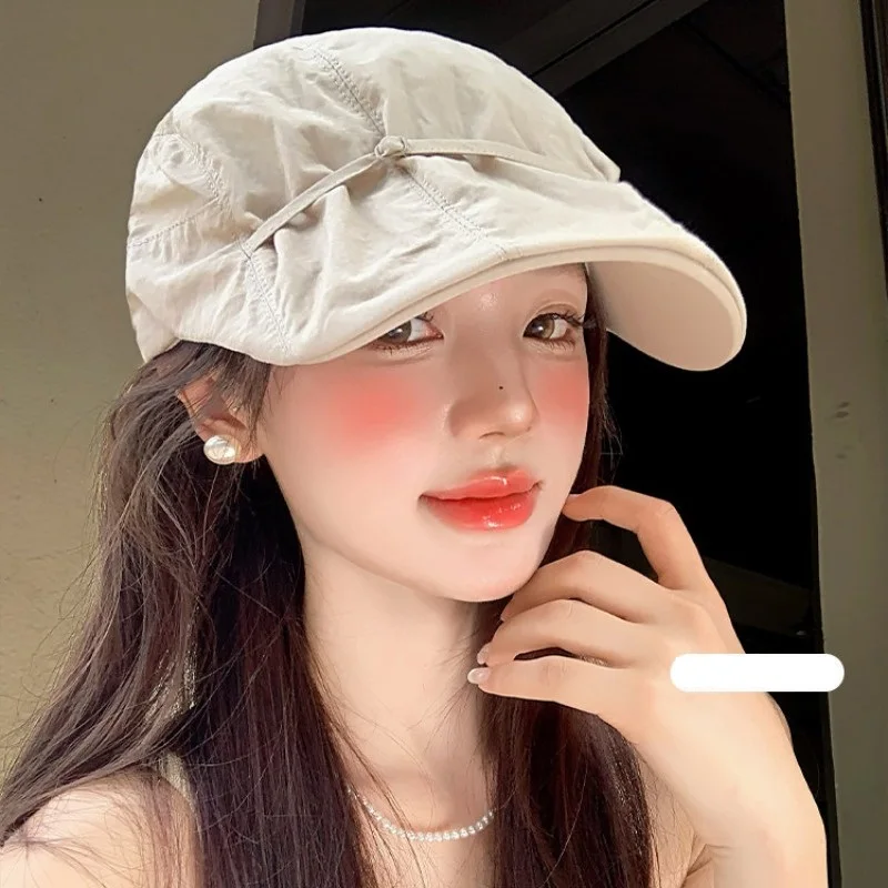 Japanese  Pleated Tie-Fastening Quick-Dry Forward Cap for Women with Large Head Circumference Worn Backwards Duckbill Beret Hat