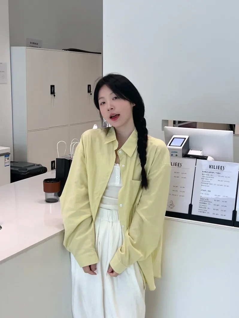 

Slimming Casual Loose Long Sleeve Pure Color Shirt Women's Spring Thin Shirt Comfortable Leisure Top Flip Collar Thin Fabric