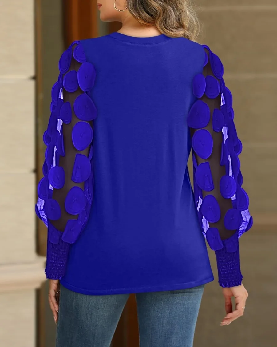 Bluse mit Rundhalsausschnitt und plissierter Vorderseite, 3D-Blumenmuster, langärmelig, mit gerafften Manschetten, elegant, für den Alltag, Partys, süß, lässig, Oberteil – Detail 11
