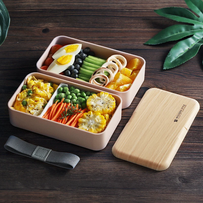 Microwave Double Layer Lunch Box Wooden Style Bento Box Portable Container Box Bento Bento Food Box