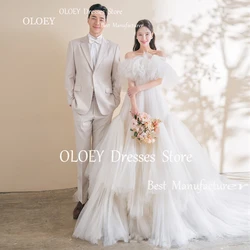 OLOEY Korea Ivory Wedding Dress Off Shoulder Photoshoot Bridal Gown A Line Short Sleeves Tiered Organza Custom Made Corset